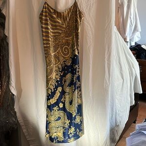 Blue & Gold Dragon pattern Silk slip dress